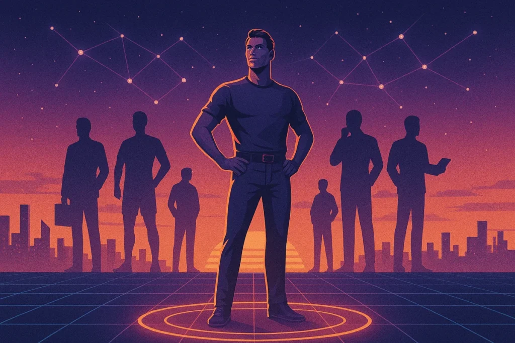 A confident man stands in a glowing circle surrounded by silhouettes of influential friends, set in a retro-futuristic cityscape — symbolizing the power of your social circle.