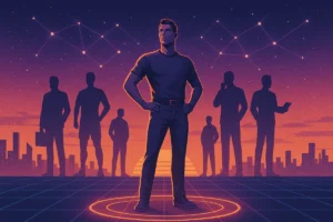 A confident man stands in a glowing circle surrounded by silhouettes of influential friends, set in a retro-futuristic cityscape — symbolizing the power of your social circle.