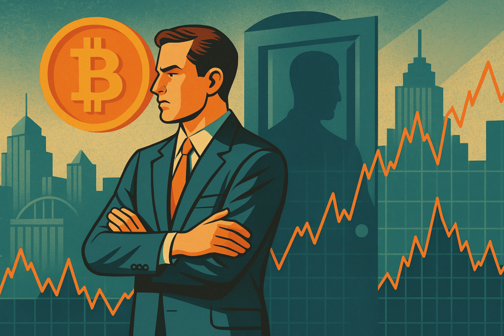 A modern retro-futurist illustration of a focused man in a teal suit, standing in front of a glowing Bitcoin symbol and abstract trading charts, with a symbolic green door in the background.A modern retro-futurist illustration of a focused man in a teal suit, standing in front of a glowing Bitcoin symbol and abstract trading charts, with a symbolic green door in the background.