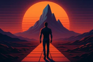 Retro-futuristic digital art of a man walking toward a mountain, symbolizing masculine growth through struggle and discomfort.