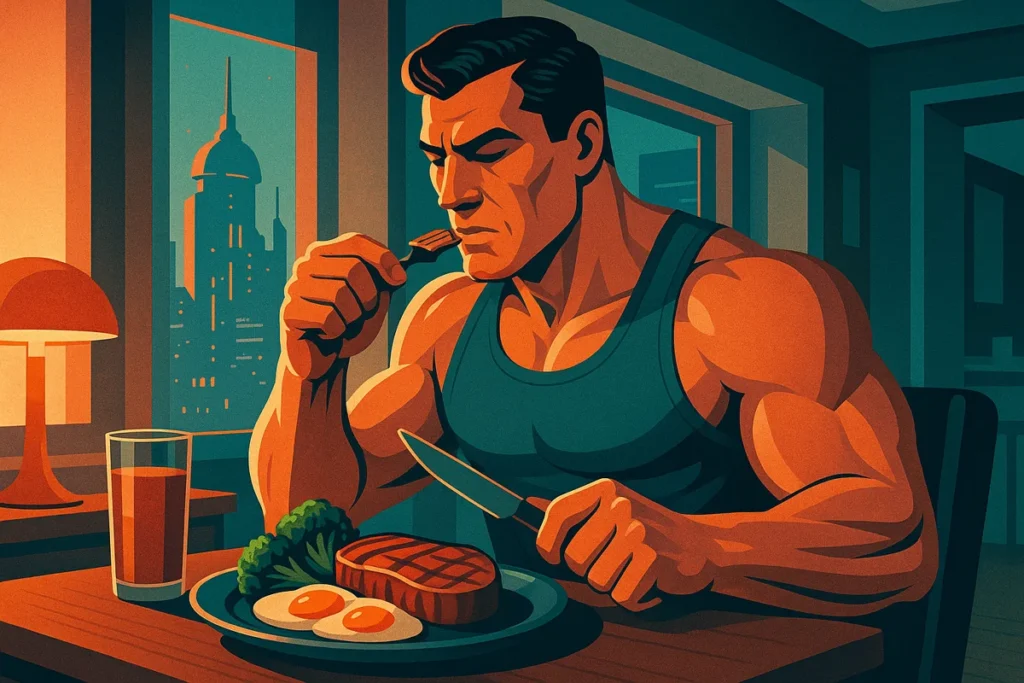 Muscular man eating steak, eggs, and broccoli in a retro-futuristic apartment with a sci-fi city view.