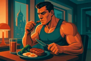 Muscular man eating steak, eggs, and broccoli in a retro-futuristic apartment with a sci-fi city view.