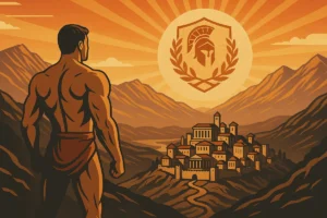 Illustration of a muscular man overlooking a Spartan city at sunset, with the Mencademy emblem in the sun – symbolizing strength, legacy, and masculine purpose.