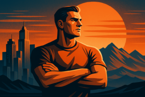 A retro-futuristic digital illustration of a strong, confident man standing with masculine principles and crossed arms in front of a glowing orange sun, futuristic city skyline, and mountain range, mencademy.