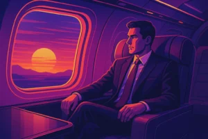 Man who's rich in mind and rich in life in a private jet gazing at a retro-futuristic sunset, symbolizing wealth, vision, and limitless ambition.