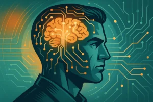 Retro-futuristic digital illustration of a man's brain being rewired with circuits, symbolizing discipline and mental strengt