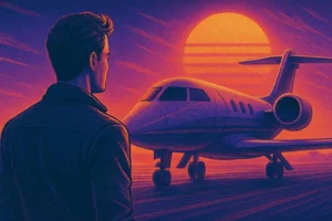 A retro-futuristic illustration of a man looking at a private jet under a neon sunset, symbolizing ambition and financial freedom