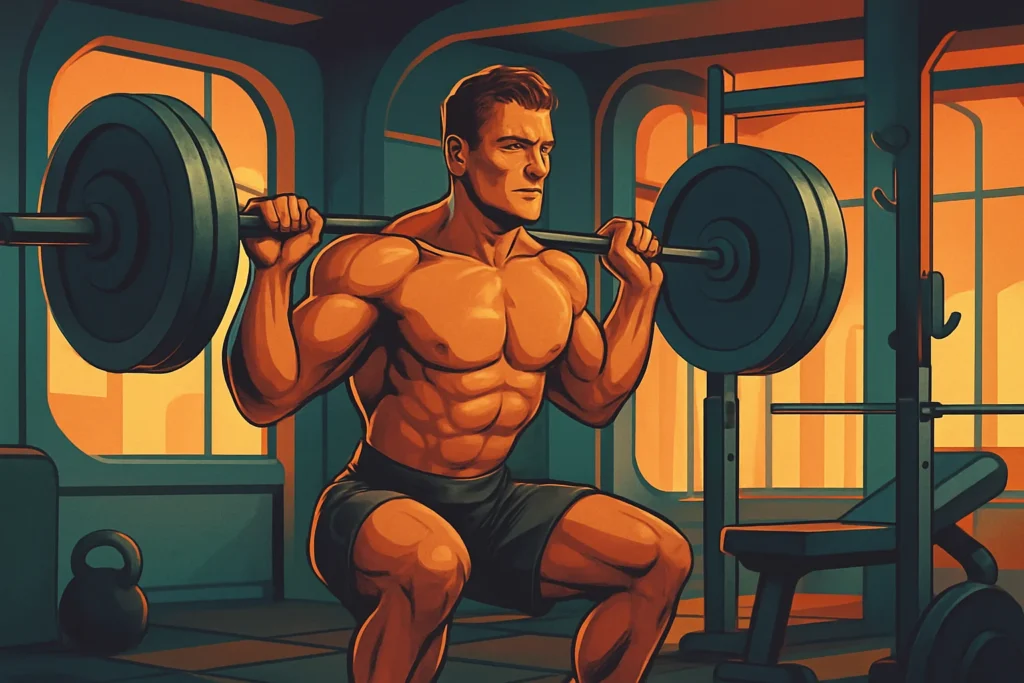 A man training like a man in a retro-futuristic gym, performing a squat with perfect form.