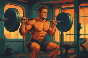 A man training like a man in a retro-futuristic gym, performing a squat with perfect form.