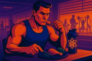 Daily habits to build muscle – man lifting weights and drinking a protein shake in retro-futuristic gym