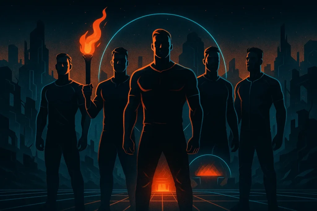 Four powerful men standing united in a futuristic landscape, symbolizing how to build a brotherhood that makes you better