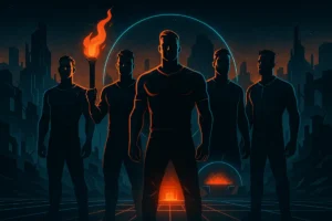 Four powerful men standing united in a futuristic landscape, symbolizing how to build a brotherhood that makes you better