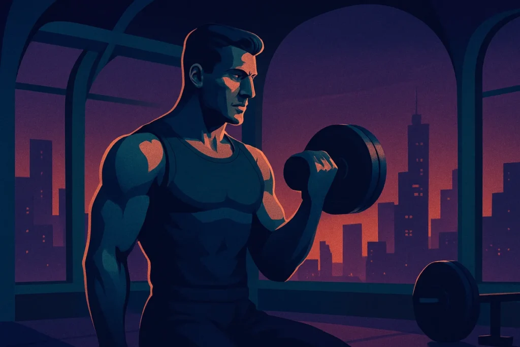 muscular man lifting dumbbell in a futuristic rooftop gym at night, showing discipline over motivation