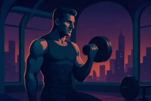 muscular man lifting dumbbell in a futuristic rooftop gym at night, showing discipline over motivation