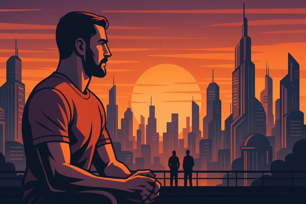 Modern retro-futuristic illustration of a man overlooking a city at sunset, representing the concept of becoming a man of value