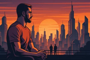 Modern retro-futuristic illustration of a man overlooking a city at sunset, representing the concept of becoming a man of value