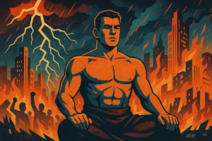 Modern Stoicism illustrated by a strong man staying calm in chaos