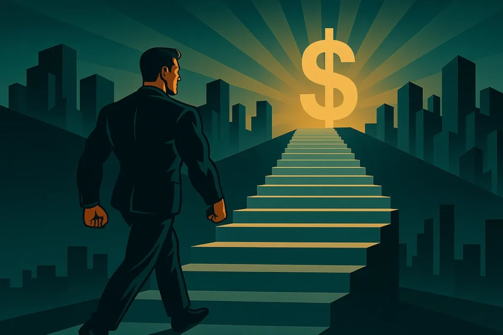 Man climbing stairs toward wealth – how to stop being broke